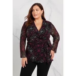 2/$30 Lane Bryant Semi Sheer Wrap TieTop Floral Black Women's Plus 18 20 Y2k